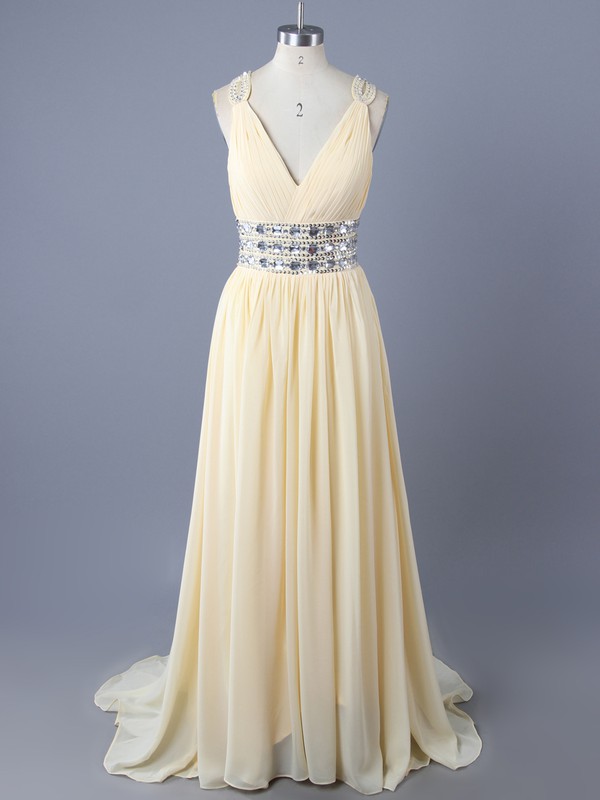 White A-line New Arrival Chiffon Crystal Detailing Open Back V-neck Prom Dresses #LDB02011708