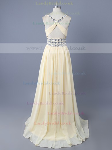 White A-line New Arrival Chiffon Crystal Detailing Open Back V-neck Prom Dresses #LDB02011708