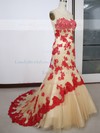 Different Champagne Tulle with Appliques Lace Scoop Neck Trumpet/Mermaid Prom Dress #LDB020100578