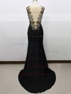Scoop Neck Black Tulle Elastic Woven Satin Cap Straps Appliques Lace Trumpet/Mermaid Prom Dress #LDB020100584