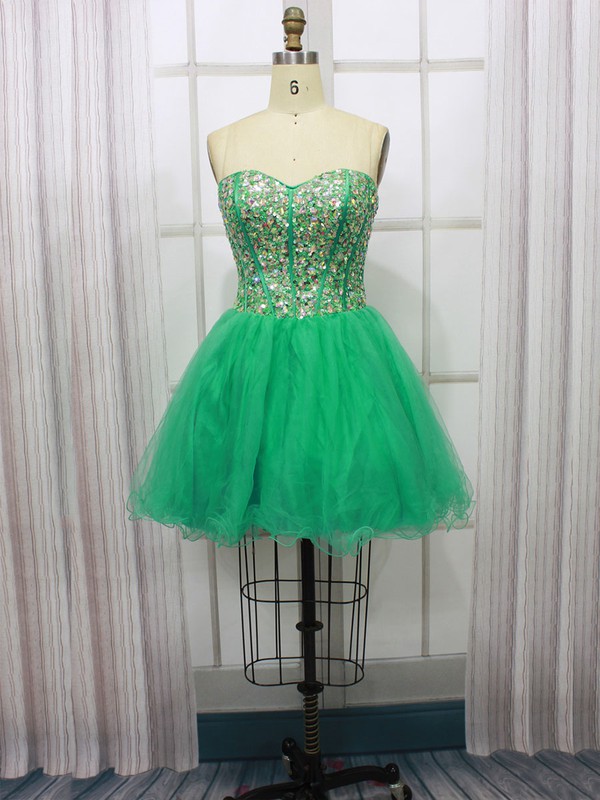 Green Short/Mini Tulle with Sequins Affordable Sweetheart Prom Dresses #LDB020100591