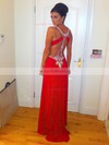 Amazing Red V-neck Silk-like Satin with Beading Split Front Prom Dresses #LDB02016836