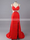 Amazing Red V-neck Silk-like Satin with Beading Split Front Prom Dresses #LDB02016836