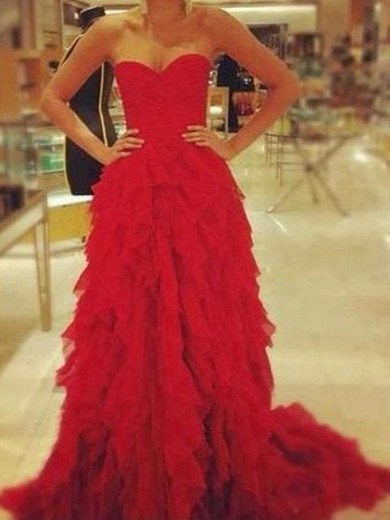 Sweetheart Red Cascading Ruffles Tulle Lace-up Latest Prom Dresses #LDB02016839