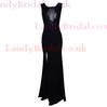 Backless Chiffon Tulle Women Split Front Appliques Lace Scoop Neck Black Prom Dress #LDB02016903