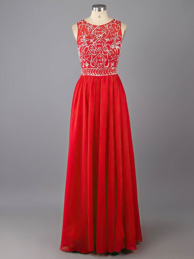 Red Floor-length Chiffon Tulle Beading Scoop Neck Modest Prom Dress #LDB02016976