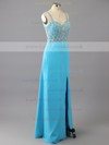 Sweetheart Chiffon Tulle Beading Unique Split Front Blue Sheath/Column Prom Dresses #LDB02017024