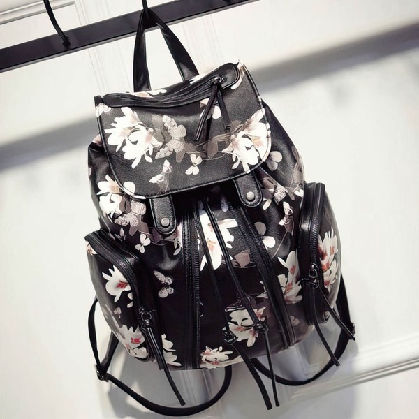 Black PU Casual & Shopping Floral Print Handbags #LDB03160134