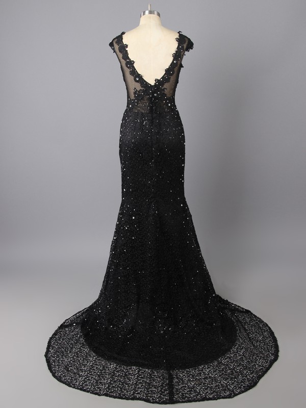 Newest Open Back V-neck Tulle Lace Beading Black Trumpet/Mermaid Prom Dress #LDB02017321