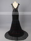 Newest Open Back V-neck Tulle Lace Beading Black Trumpet/Mermaid Prom Dress #LDB02017321