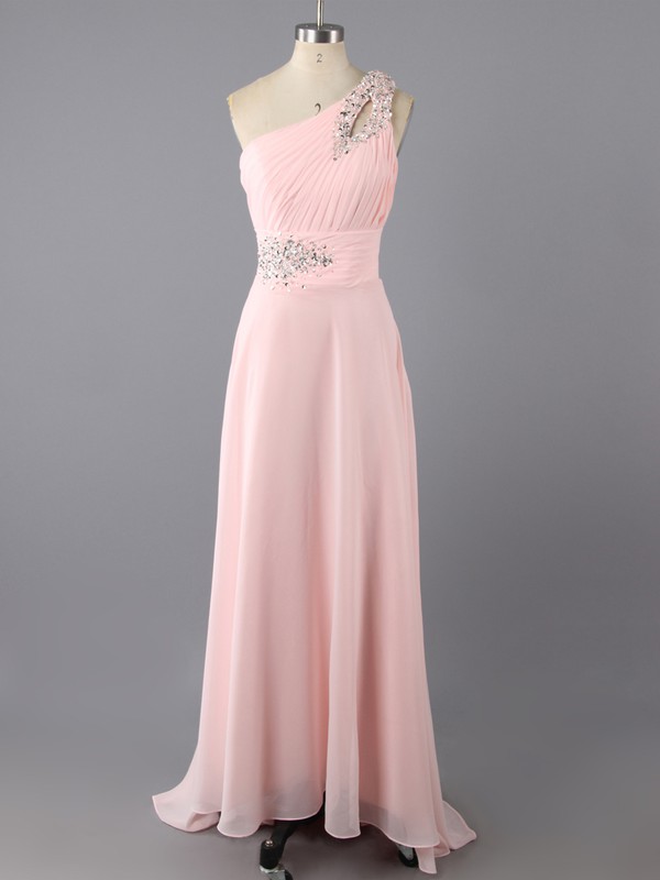 Sweep Train Trendy Chiffon Beading Open Back One Shoulder Pink Prom Dresses #LDB02014701