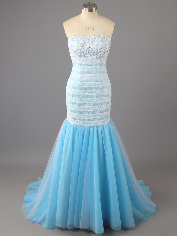 Tulle with Appliques Lace Coolest Trumpet/Mermaid Strapless Blue Prom Dresses #LDB02017370