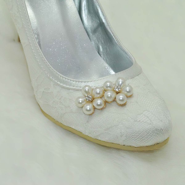 Women's Lace with Crystal Pearl Stiletto Heel Pumps Closed Toe #LDB03030002