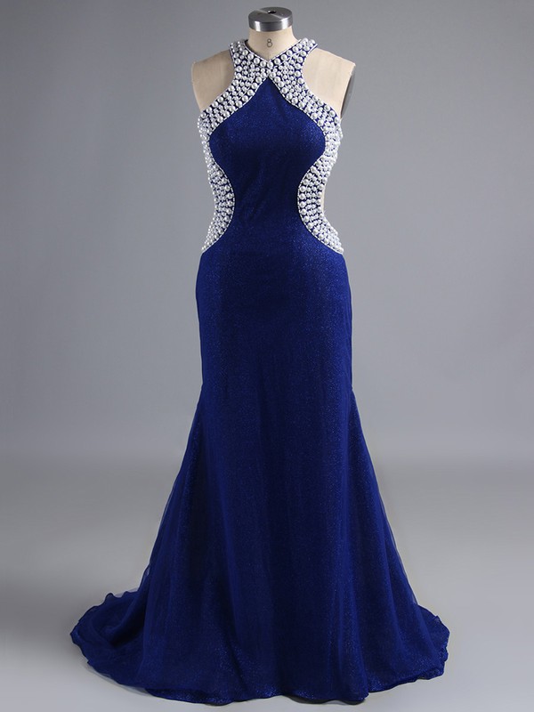 Scoop Neck Blue Trumpet/Mermaid Nice Tulle Beading Open Back Prom Dress #LDB02017382