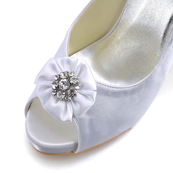 Women's Satin with Flower Crystal Stiletto Heel Pumps Peep Toe Platform #LDB03030005