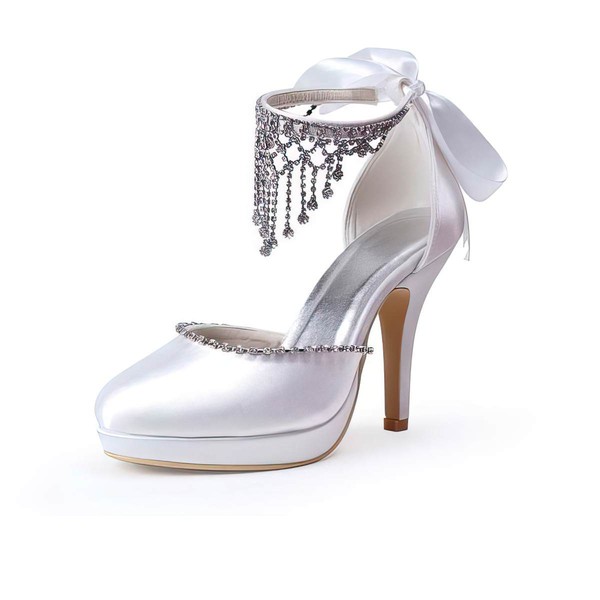 Women's Satin with Crystal Lace-up Stiletto Heel Pumps Closed Toe Platform #LDB03030016