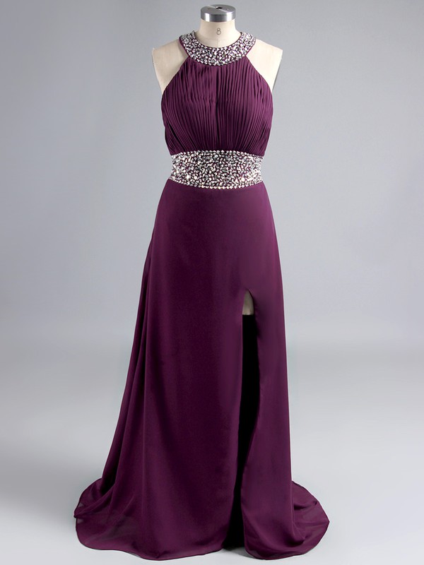 Purple Scoop Neck Chiffon Split Front Beading Sheath/Column Open Back Prom Dress #LDB02014710