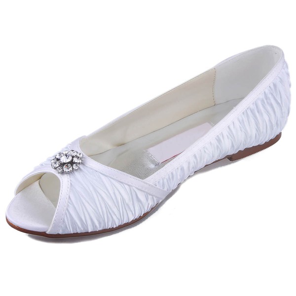 Women's Satin with Crystal Ruffles Flat Heel Peep Toe Flats #LDB03030105