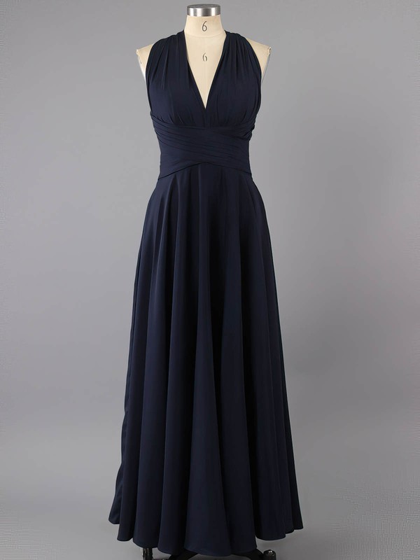 V-neck Open Back Pleats Dark Navy Elastic Woven Satin Sheath/Column Prom Dress #LDB02022591