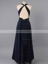 V-neck Open Back Pleats Dark Navy Elastic Woven Satin Sheath/Column Prom Dress #LDB02022591