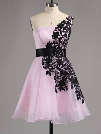 Fashion Short/Mini White Tulle and Black Appliques Lace One Shoulder Prom Dresses #LDB02042082