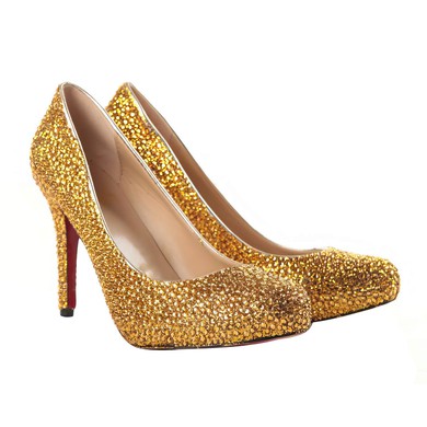 Women's Gold Suede Pumps/Closed Toe with Crystal #LDB03030202