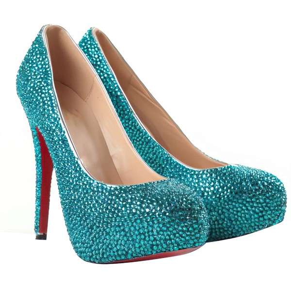 Women's Blue Suede Pumps/Closed Toe/Platform with Crystal #LDB03030204