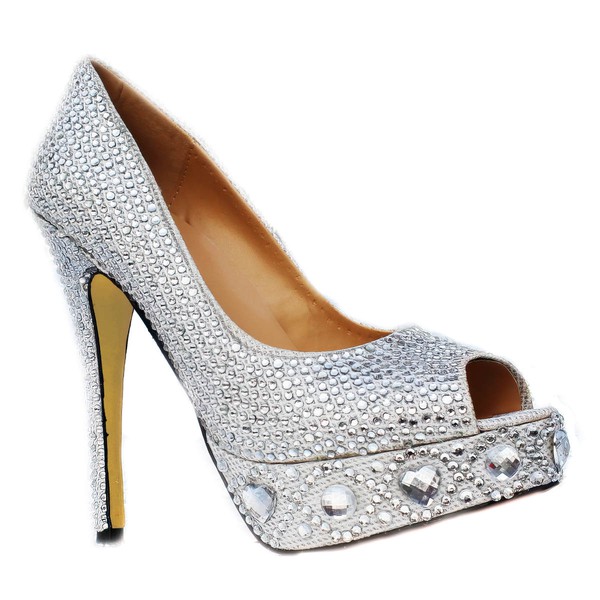 Women's Silver Sparkling Glitter Pumps/Peep Toe/Platform with Crystal Heel/Rhinestone