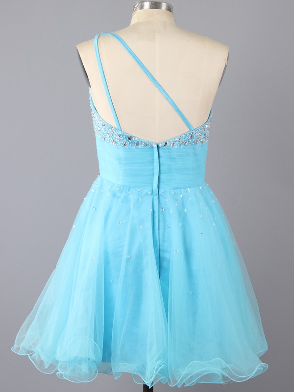 Cute Blue Tulle with Beading Short/Mini One Shoulder Prom Dresses #LDB02042285