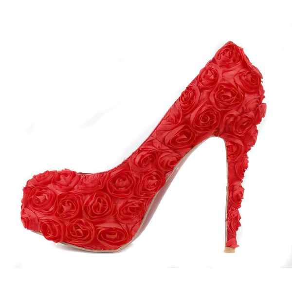 Women's Red Suede Pumps/Closed Toe/Platform with Satin Flower #LDB03030240