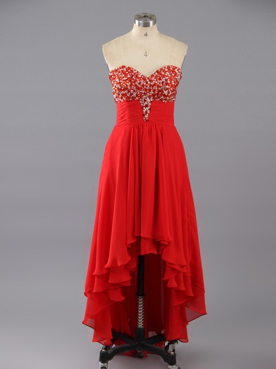 Red Chiffon Sweetheart High Low Beading Asymmetrical Prom Dress #LDB02042361