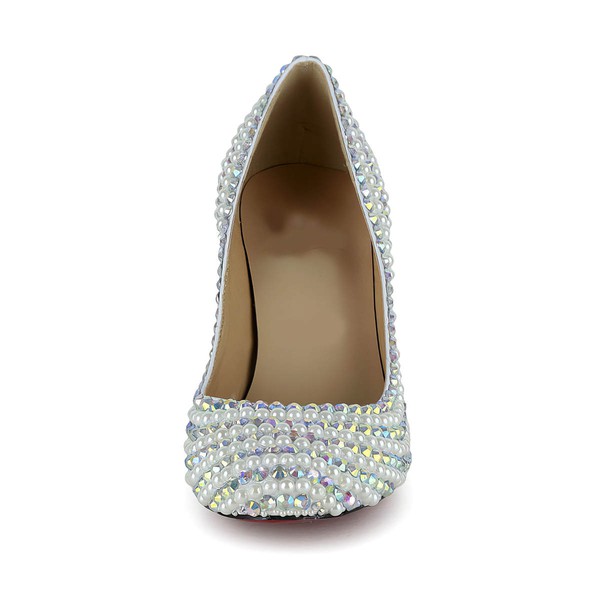 Women's White Patent Leather Pumps/Closed Toe with Imitation Pearl/Crystal/Crystal Heel #LDB03030255