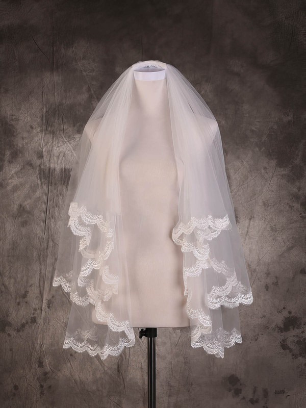 Two-tier Ivory Fingertip Bridal Veils with Applique #LDB03010064