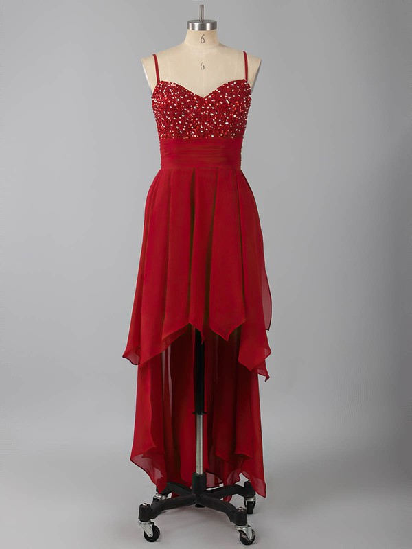 Nice Asymmetrical Chiffon Beading Lace-up V-neck High Low Prom Dress #LDB02042373