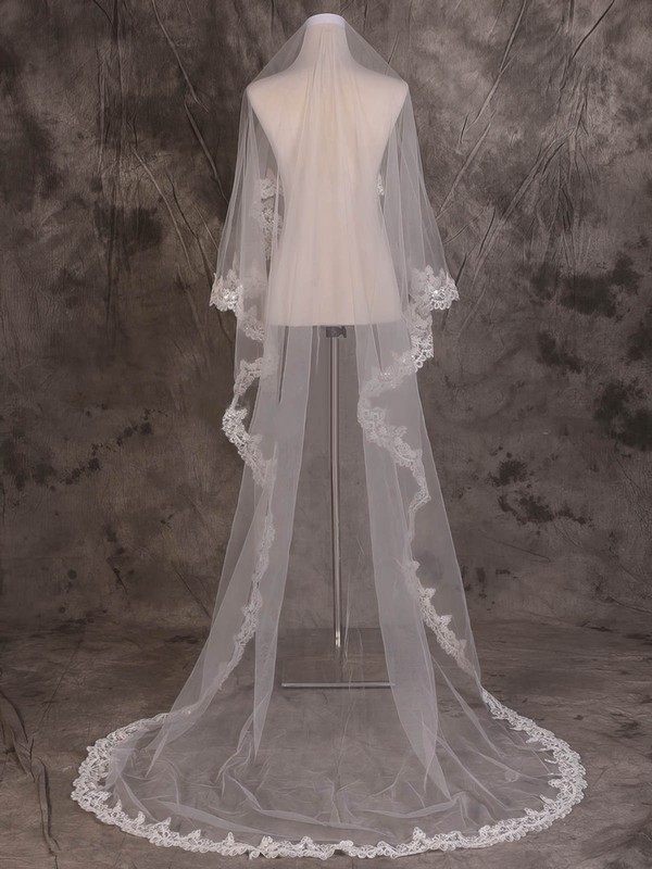 One-tier Ivory Cathedral Bridal Veils with Beading/Applique #LDB03010074