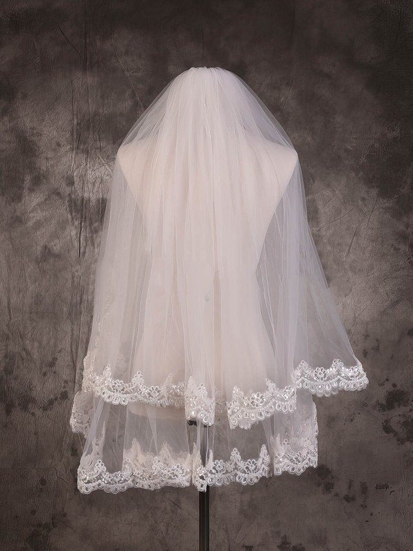Two-tier Ivory Fingertip Bridal Veils with Sequin/Applique #LDB03010078