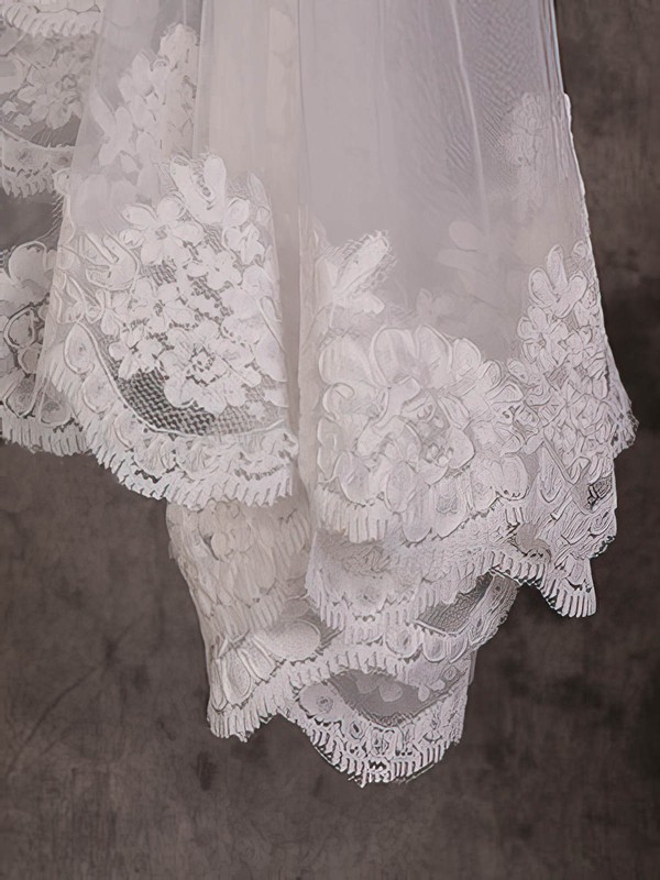 One-tier Ivory Cathedral Bridal Veils with Lace #LDB03010080