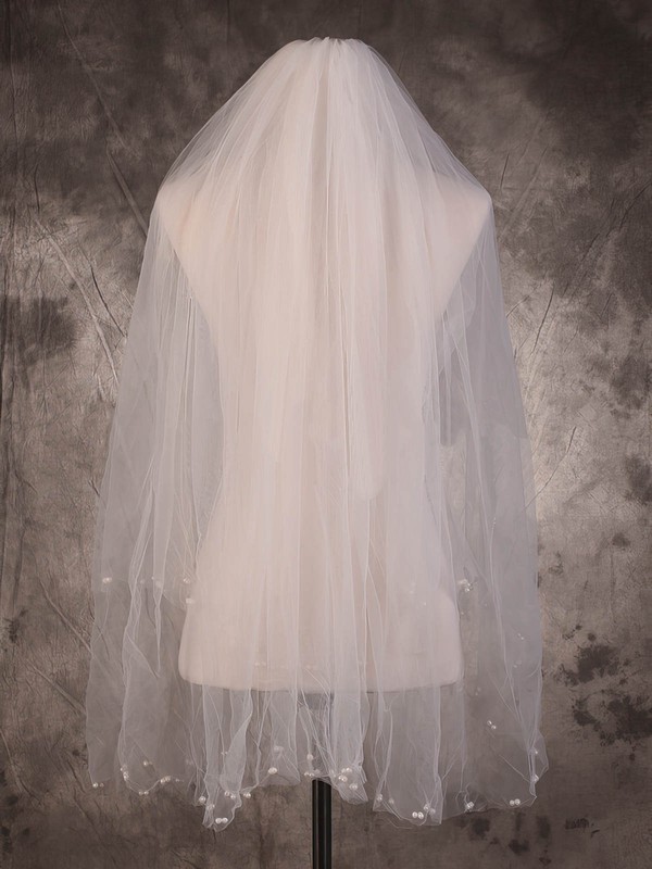 Two-tier Ivory Fingertip Bridal Veils with Faux Pearl #LDB03010083