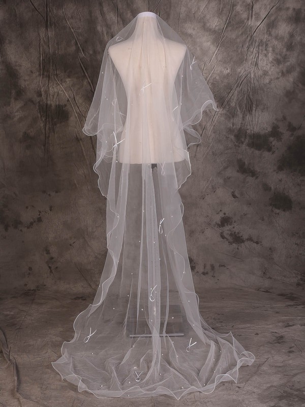 One-tier Ivory Chapel Bridal Veils with Beading/Satin Bow