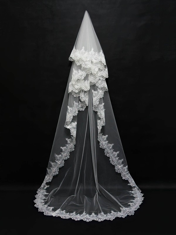 One-tier White Chapel Bridal Veils with Applique #LDB03010108