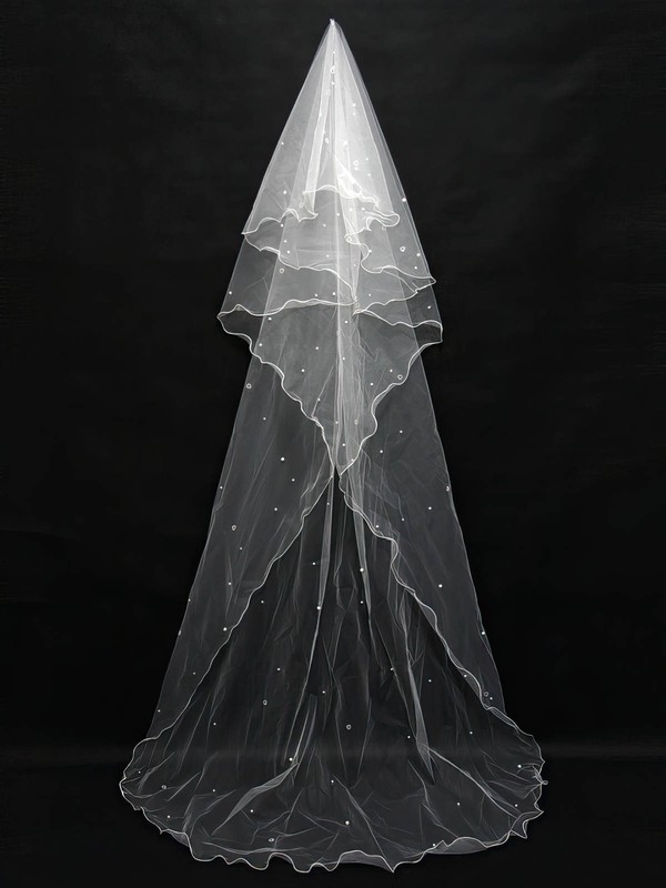 One-tier White/Ivory Chapel Bridal Veils with Faux Pearl