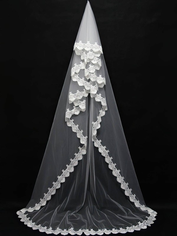 One-tier White/Ivory Chapel Bridal Veils with Lace #LDB03010110