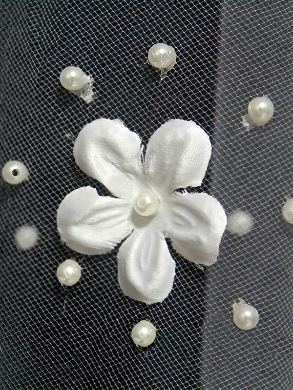 One-tier White/Ivory Elbow Bridal Veils with Faux Pearl/Satin Flower #LDB03010127