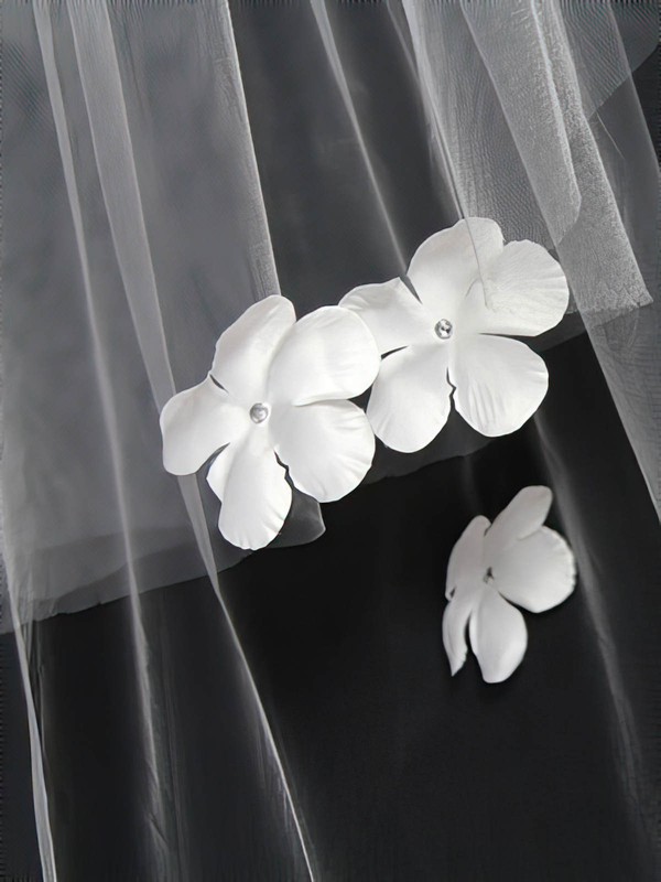 Two-tier Ivory/White Elbow Bridal Veils with Satin Flower #LDB03010128