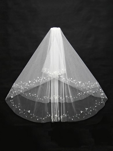 Two-tier White/Ivory Elbow Bridal Veils with Beading #LDB03010137
