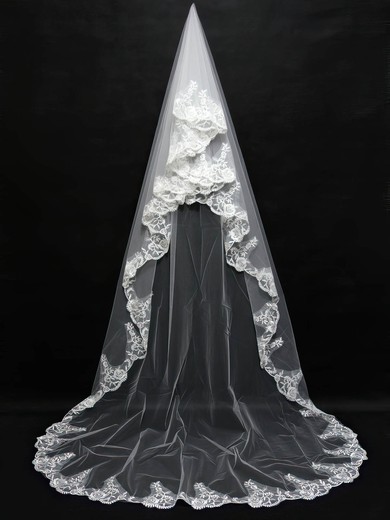 Two-tier White Chapel Bridal Veils with Embroidery #LDB03010142