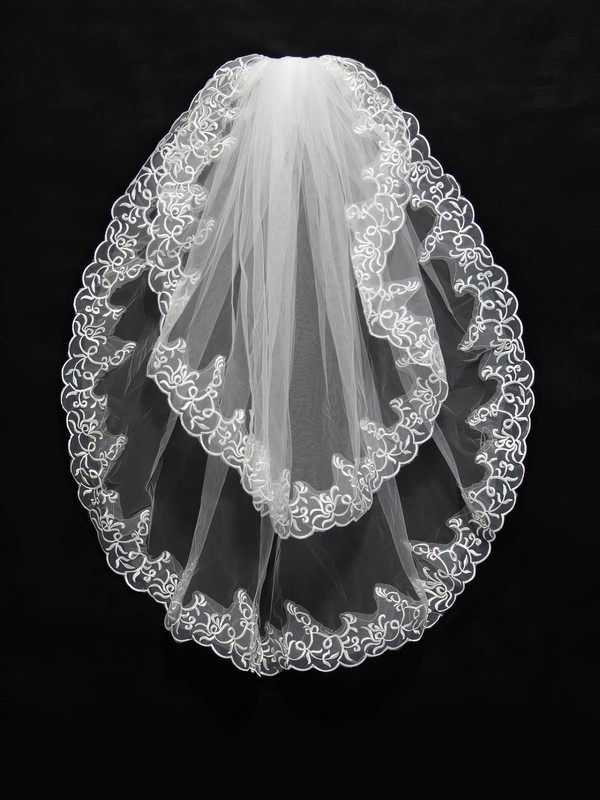 Two-tier White/Ivory Elbow Bridal Veils with Embroidery