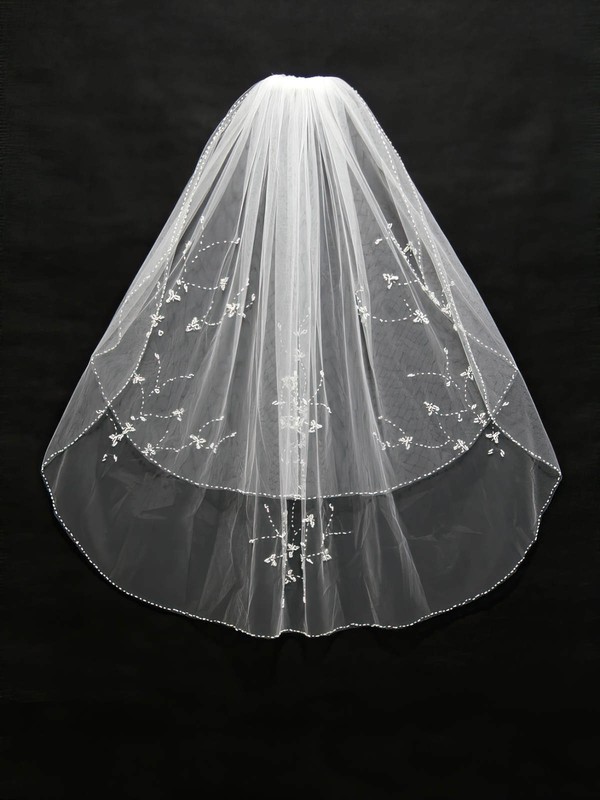Two-tier White/Ivory Elbow Bridal Veils with Beading/Sequin