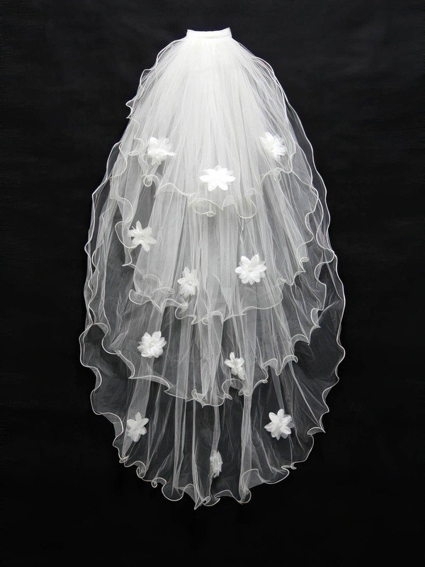 Four-tier White/Ivory Fingertip Bridal Veils with Faux Pearl/Satin Flower/Bone Binding