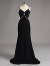 Sweep Train Black Chiffon with Beading Open Back Vintage V-neck Prom Dresses #LDB02014740